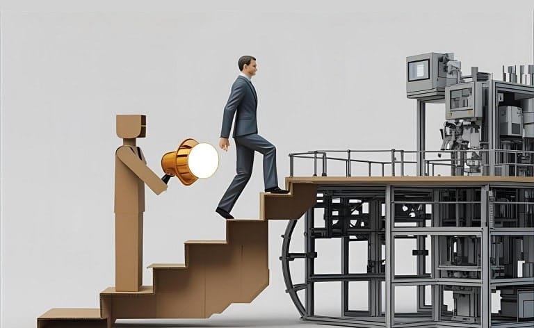 A figure representing a CDO, stepping from a superficial, one-dimensional "symbol" (e.g., a cardboard cutout, a single, isolated spotlight) onto a solid, multi-faceted platform or structure that is clearly integrated into a larger organizational machine or framework. The "symbol" side could be grayed out or translucent, while the "substance" side is vibrant and connected.