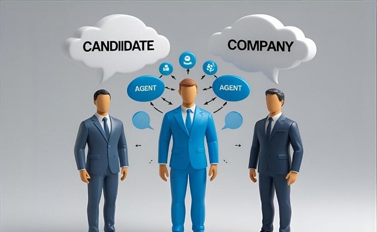 Conceptual image depicting a C-level negotiation with an executive candidate represented by an agent, illustrating the complexity of negotiating with executive recruiters and agents and the need for best practices in direct communication in agent-led negotiations.