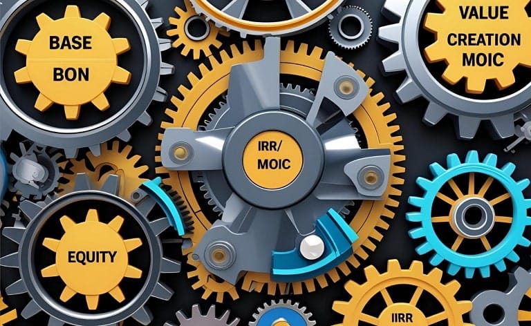 Different gears labeled "Base," "Bonus," "LTIP," "Equity" interlocking perfectly with a larger gear labeled "Value Creation" or "IRR/MOIC."