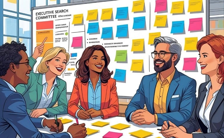 Illustration showing a diverse executive search committee achieving alignment, symbolizing consensus on the ideal C-suite candidate profile through a structured process.