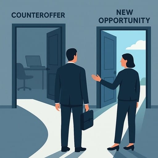 An illustration of a search consultant guiding a candidate who is choosing between two doors, one representing a counteroffer and the other a new opportunity.