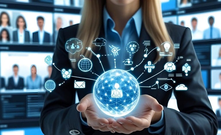 A CEO figure holding a glowing digital sphere or interface, from which symbols of collaboration, innovation, and trust spread out to a remote team shown on multiple screens or digital elements