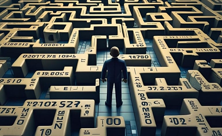 A CFO figure trying to navigate a complex labyrinth or maze made of financial terms and numbers, symbolizing the difficulty of managing a leveraged balance sheet without the right experience.