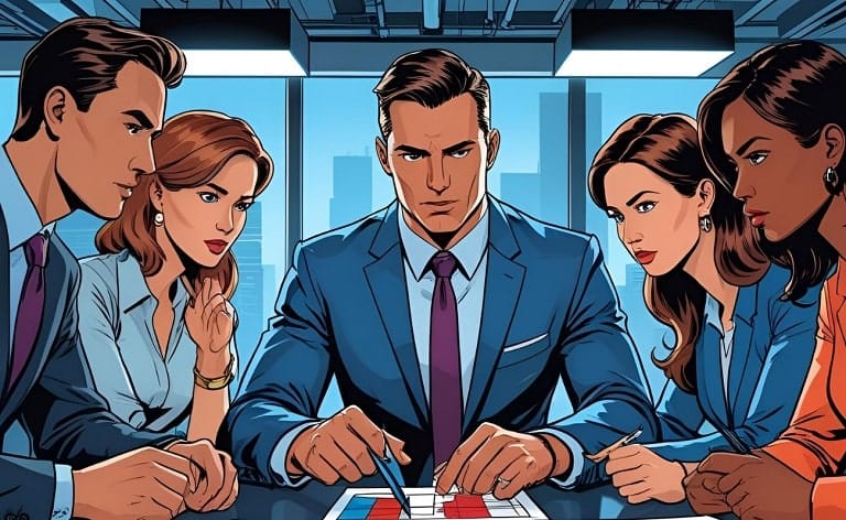 An illustration of a diverse executive team in a boardroom gathered around a table, looking with serious focus at a report. The leader in the center points his pen to a red bar on a chart, symbolizing the discovery of a major red flag during the executive search due diligence process.