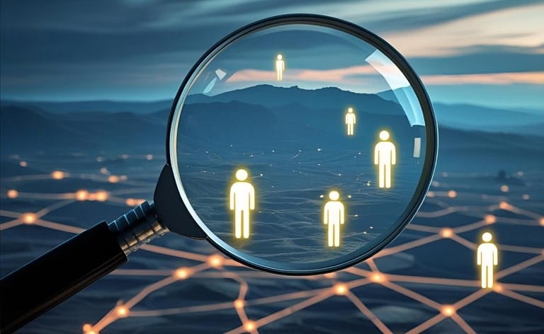 A magnifying glass hovering over a vast landscape (representing the US talent market), with only a few distinct, glowing, or highlighted figures (representing qualified CAIOs) scattered sparsely. The background could subtly include AI-related motifs.
