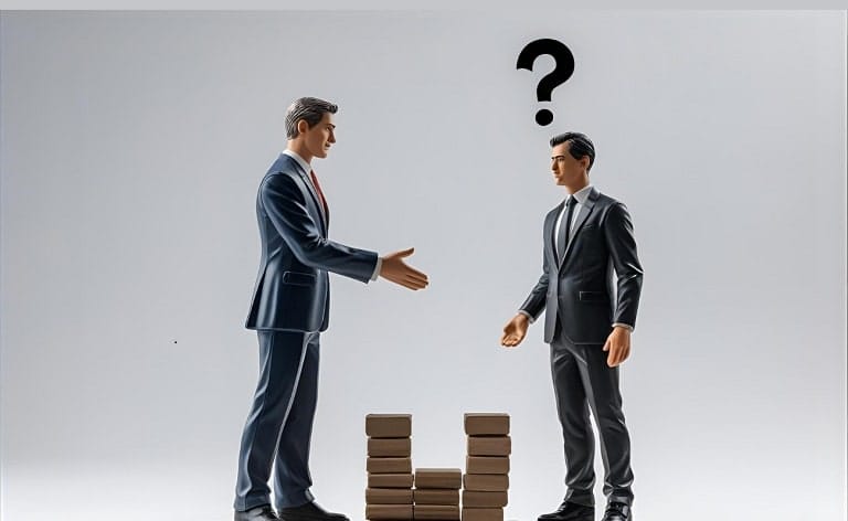 A leader figure (representing the PE firm/recruiter) extending a hand or building a bridge towards a hesitant executive (standing slightly apart, perhaps with a question mark over their head), symbolizing overcoming distance/doubts and reaching an agreement.