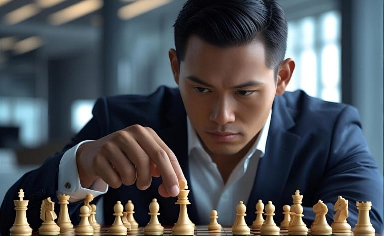 A figure (perhaps a discreet professional or a strategist) making a precise, quiet move on a chessboard or a strategic map, with the background suggesting a high-stakes business environment.
