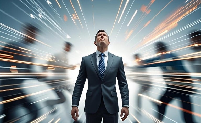 An executive figure (perhaps in traditional business attire) standing amidst blurred lines, fast-moving charts, or a whirlwind of activity, looking overwhelmed or unable to keep up. Clocks or timers could emphasize urgency.