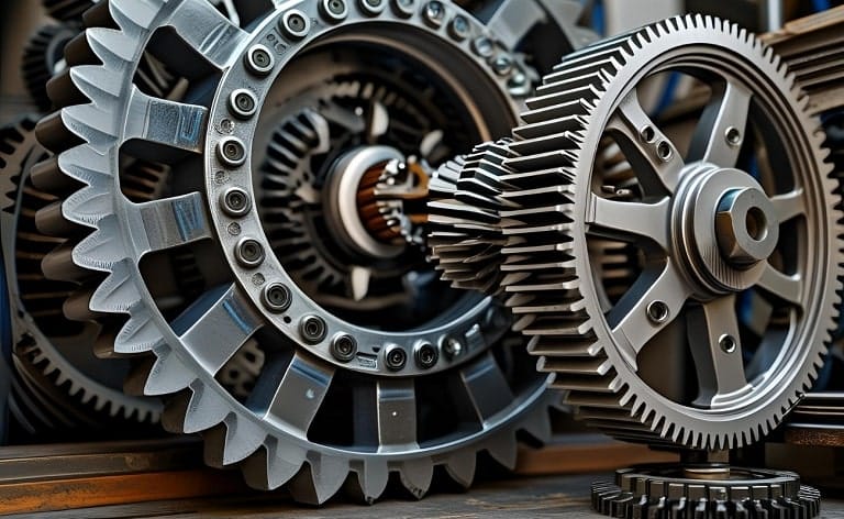A large, intricately designed gear (representing Big Tech processes/scale) trying to fit into or connect with a much smaller, perhaps simpler, gear system