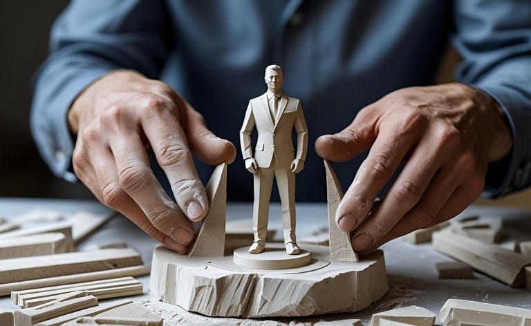 Hands sculpting a new, unique leadership figure or a new symbol for an executive function out of raw material, symbolizing creation and foresight.