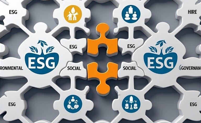 a puzzle piece that doesn't quite fit into a larger, interconnected structure labeled with ESG elements (Environmental, Social, Governance icons). The ESG structure looks cohesive and aligned, while the new hire appears an anomaly.