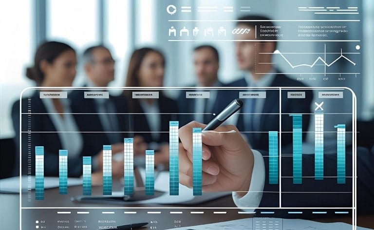 A stylized scorecard or checklist filled with data points, graphs, or checkmarks, perhaps with a subtle background of executives in a meeting or a candidate profile. The focus is on the structured evaluation tool.