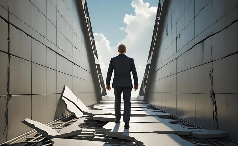 A leader looking forward with determination, but a large, obvious obstacle (like a wall of resistance, or a broken digital bridge) is directly in their path, which they seem to be overlooking or failing to address, symbolizing the "wrong leader" aspect causing failure.
