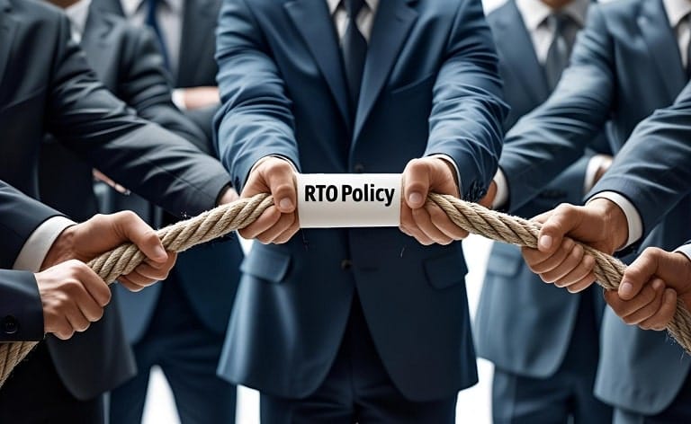 A more metaphorical image of a subtle tug-of-war among executives, pulling on a rope labeled "RTO Policy," symbolizing the internal struggle and division.