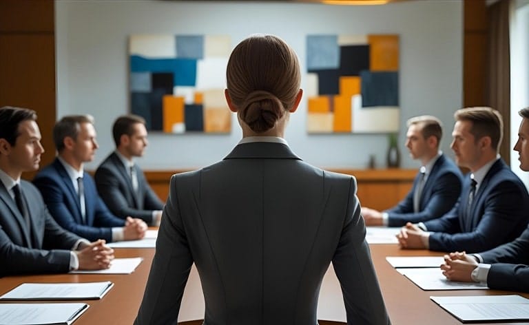 Conceptual image illustrating an executive candidate using a hiring process for competitive intelligence gathering, showing a person subtly collecting information during an interview, highlighting the need for preventing competitive intelligence gathering in executive hiring and vetting C-suite candidates for genuine intent.