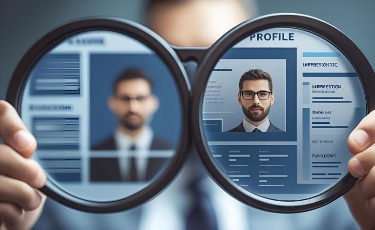A candidate's profile or resume being viewed through two different lenses or filters: one blurry or impressionistic (gut feel), and the other clear, with overlaid data points or metrics.