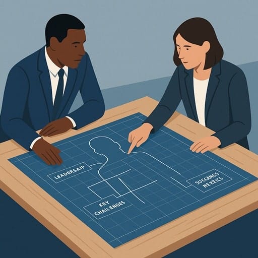 An illustration of a search partner and hiring manager collaborating to create a detailed blueprint for a leadership role, symbolizing a position specification.