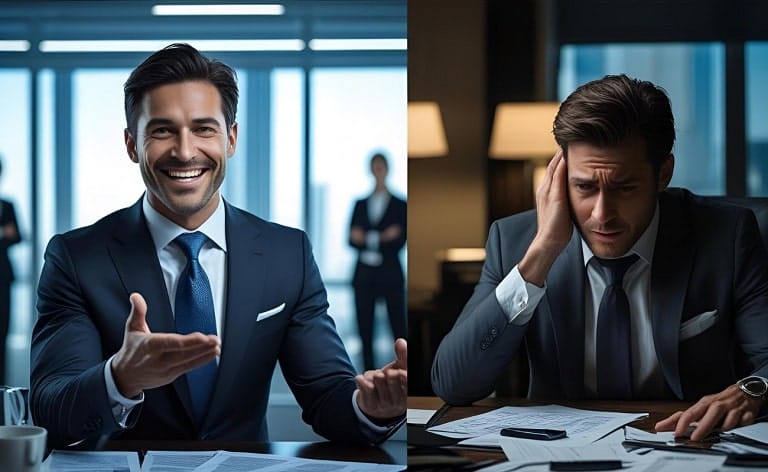 Conceptual image depicting an executive who excels in interviews but struggles or fails in the actual job role, illustrating the challenge of improving C-level executive hiring success rates and the importance of assessing executive cultural fit beyond interviews to predict performance.