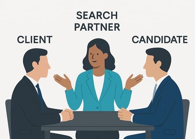 An illustration of a search consultant acting as a mediator between a client and a candidate during an executive compensation negotiation.