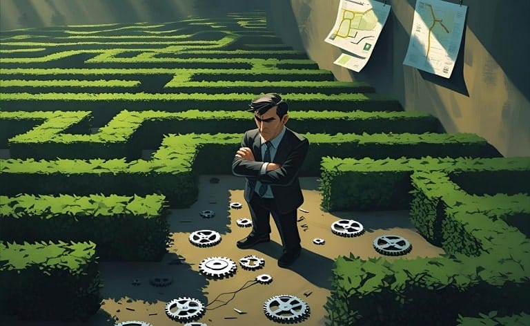 Conceptual image representing a broken and ineffective onboarding process for new executives, symbolizing disorganization, lack of support, and the challenges C-suite leaders face during integration.