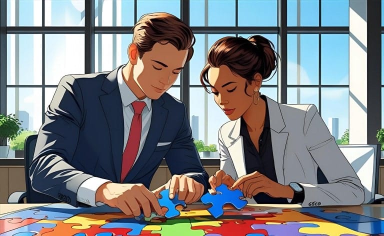 Two professional figures trying to connect vastly different puzzle pieces