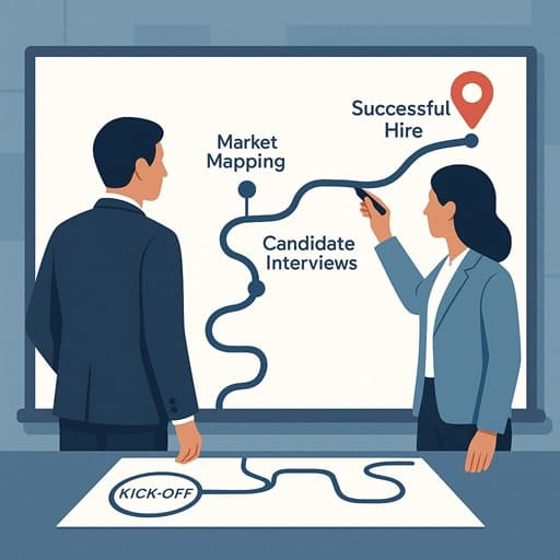 An illustration of a search partner and a client collaboratively drawing a strategic roadmap on a whiteboard during a search kick-off meeting.