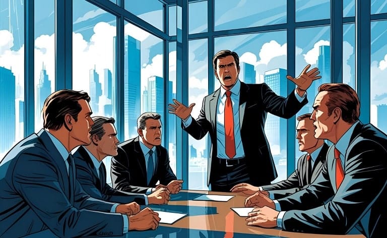 Conceptual image representing conflict between a new executive and an existing leadership team, illustrating the challenge of achieving alignment and highlighting the need for strategic management and resolution.