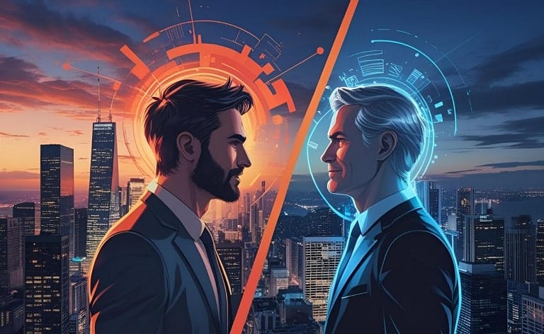 Conceptual image representing the strategic decision of balancing the need for an external disruptor vs an internal cultural successor in C-suite executive hiring, illustrating the complexities of succession planning for innovation and assessing cultural alignment.