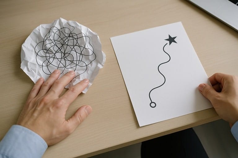 A person discarding a tangled, chaotic map and choosing a clear, direct map, symbolizing a switch to a retained search strategy after previous failed hiring attempts.