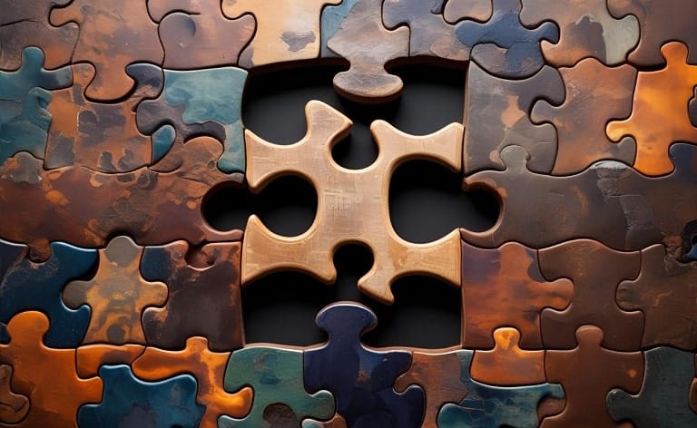 A high-level jigsaw puzzle with a large, critical piece missing