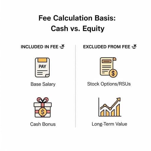 An infographic titled "Fee Calculation Basis: Cash vs. Equity." It shows that base salary and cash bonuses are included in the fee, while stock options/RSUs and long-term value are excluded.