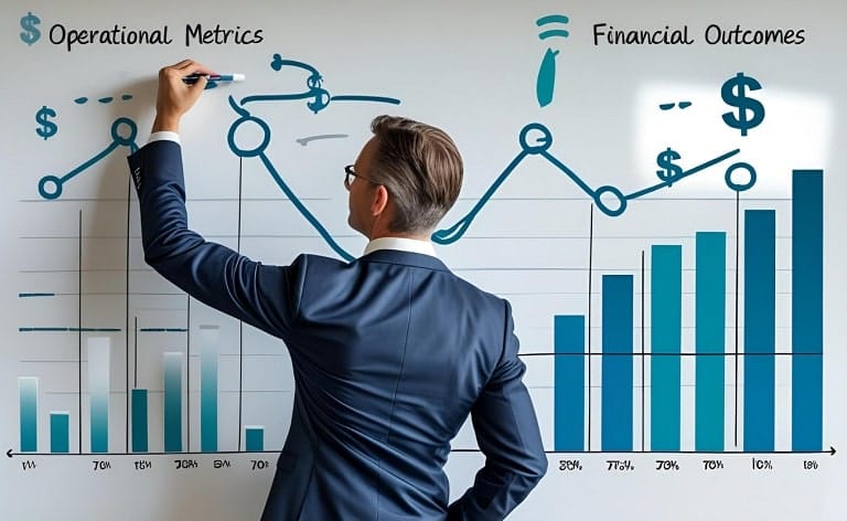 A leader (e.g., a Head of Sales or Operations) standing at a whiteboard or digital display, drawing connections between operational metrics (e.g., production units, customer engagement) and financial outcomes (e.g., profitability, EBITDA). Money symbols or growth charts could be subtly integrated.