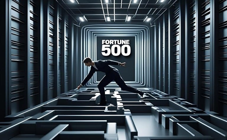 A sleek, agile figure (representing an innovator) trying to navigate a complex, rigid, and perhaps dimly lit corporate maze or obstacle course. The maze itself could incorporate elements suggesting bureaucracy (e.g., endless paperwork, many doors, slow-moving gears). In the background, a large, imposing building or logo of a "Fortune 500" company.