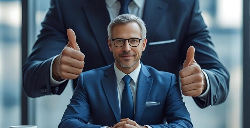 A confident, well-dressed executive in glasses smiles at the camera, framed by the thumbs-up gestures of a larger, less-focused figure behind him, conveying approval and success in executive recruitment.