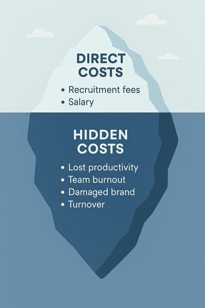 An iceberg infographic illustrating the hidden costs of a bad hire. The visible tip lists 'Direct Costs' like salary, while the large submerged part lists 'Hidden Costs' like lost productivity, team burnout, and employee turnover.