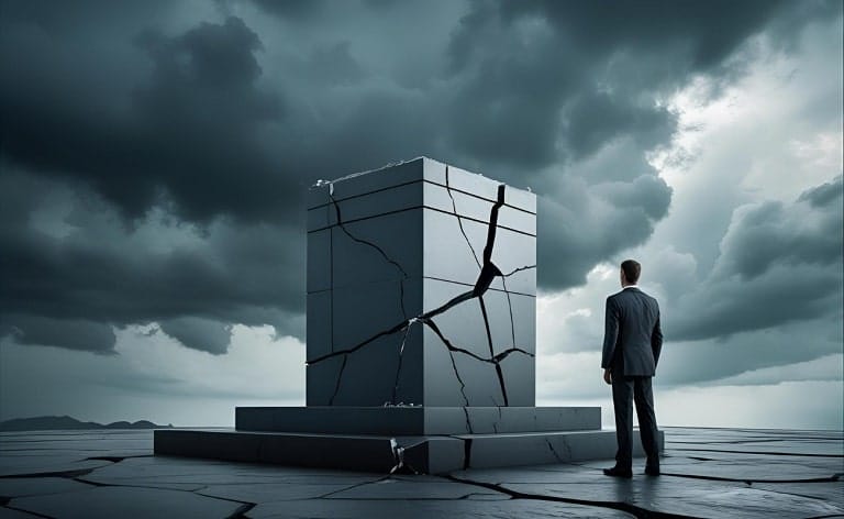 A corporate building or a leadership pedestal with visible cracks, or under stormy, dark skies, with a new leader figure looking towards it cautiously or preparing to navigate the difficult terrain.