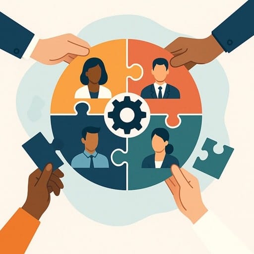 An illustration of diverse hands assembling a puzzle made of different professional icons, symbolizing the building of a diverse and strong leadership team.