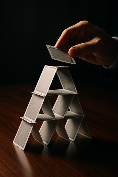 A house of cards being built on an executive desk, symbolizing the risks and instability of using an informal hiring process for a critical role.