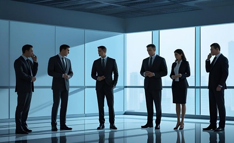 Figures in a corporate setting engaged in whispered conversations or standing in shadows, with a spotlight on a formal hiring process in the foreground, indicating covert activities