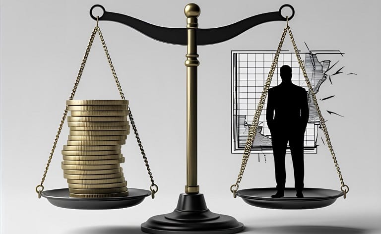 A set of scales. On one side, a smaller, visible stack of money (representing the search fee); on the other side, a much larger, abstract representation of negative outcomes (e.g., a broken graph, a chaotic silhouette of an executive leaving, or a shadowy figure symbolizing a hidden cost). The scales should tilt heavily towards the negative side, indicating the greater cost of a bad hire.