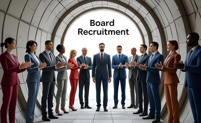 A group of professional figures (representing diverse candidates) trying to pass through a very narrow, restrictive gateway or funnel labeled "Board Recruitment," with only a few, similar-looking figures making it through