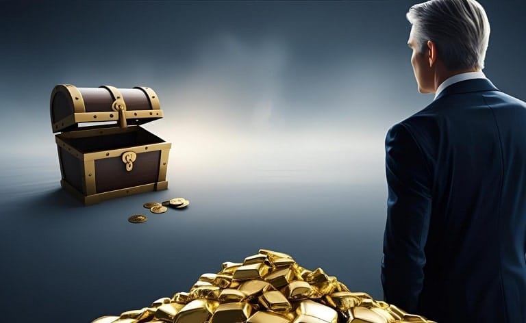 A senior executive figure looking towards a distant, faint, or partially obscured treasure chest (representing future equity value) while a more immediate, brighter pile of gold (representing cash) is closer and more prominent, highlighting the perceived illiquidity and uncertainty.