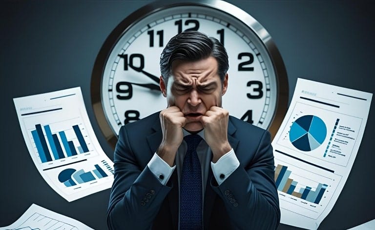 A CEO figure (perhaps with subtle hints of corporate/finance attire) looking frustrated or overwhelmed, surrounded by complex charts, graphs, or a broken blueprint, possibly with a clock ticking rapidly in the background