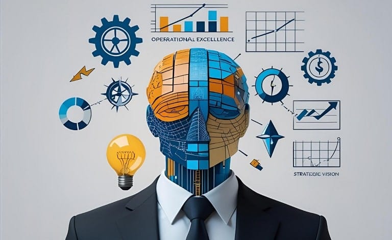 An executive figure whose body or mind is composed of various, distinct elements representing the key traits: a gear for operational excellence, a financial graph, a compass for agility, a lightbulb for strategic vision, etc., all seamlessly integrated.
