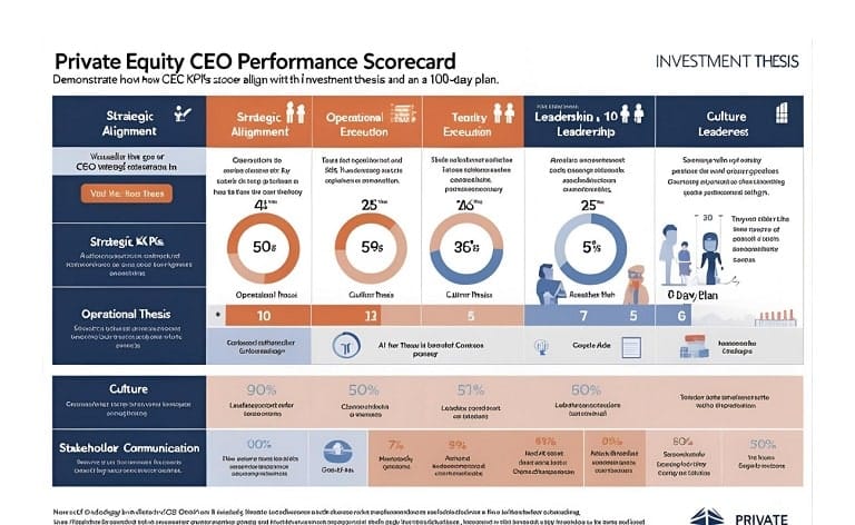 Conceptual image of a private equity CEO performance scorecard, visually demonstrating how CEO KPIs align with an investment thesis and a 100-day plan. The scorecard includes metrics for strategic alignment, operational execution, leadership, culture, and stakeholder communication, serving as a value creation driven CEO performance framework for PE-backed companies.