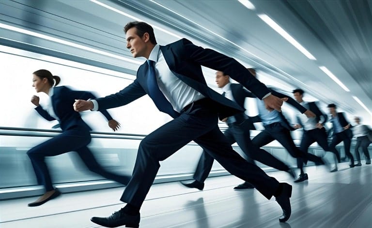 A dynamic image of an executive figure or a business team moving with great speed and purpose, perhaps with blurred motion lines, indicating rapid progress and momentum in a PE context.