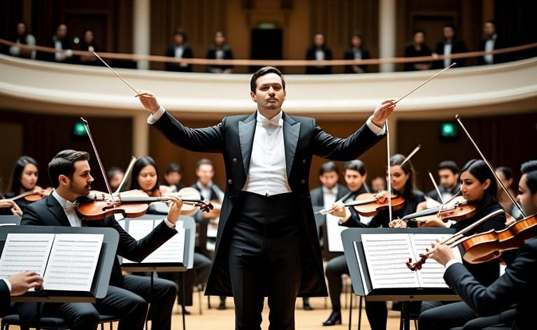 An image of a conductor leading an orchestra, where each instrument section represents a portfolio company, and the conductor ensures harmonious and efficient talent acquisition across all.