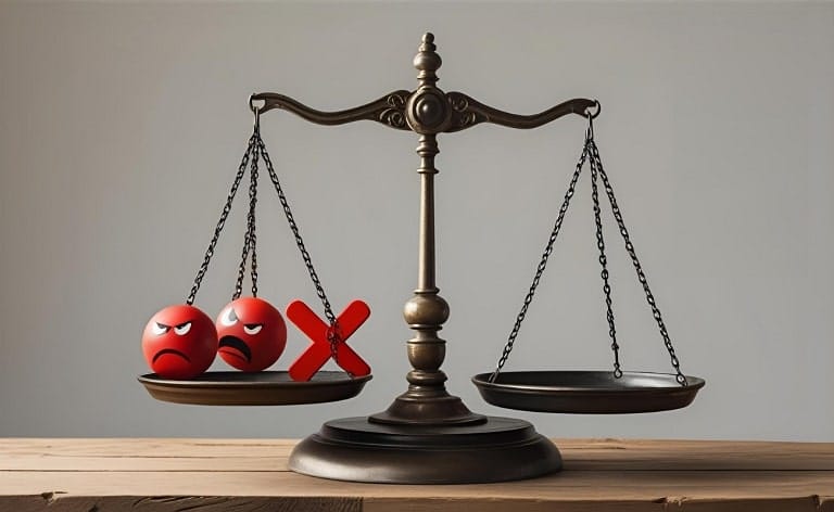 A scale where one side is weighed down by negative symbols (e.g., angry faces, red "X"s) and the other side (representing top talent attraction) is lifted or empty.