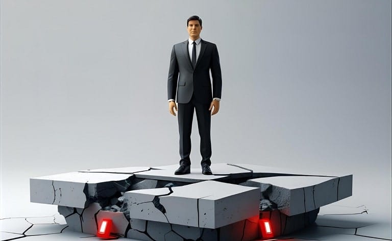 An executive figure (representing a new hire) standing on a precarious, unstable foundation (representing a weak or unsuitable search firm), with red warning lights or cracks visible.