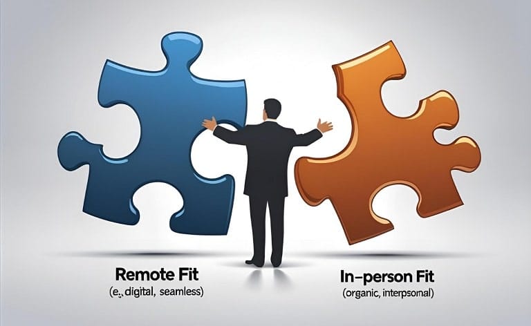 Two distinct puzzle pieces that represent "remote fit" (e.g., digital, seamless) and "in-person fit" (e.g., organic, interpersonal) trying to connect but clearly not fitting together smoothly, with a silhouette of an executive figure bridging them.